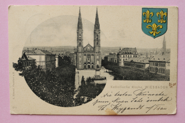 Ansichtskarte AK Wiesbaden 1900 Katholische Kirche Denkmal Obelisk Gebäude Platz Architektur Ortsansicht Hessen